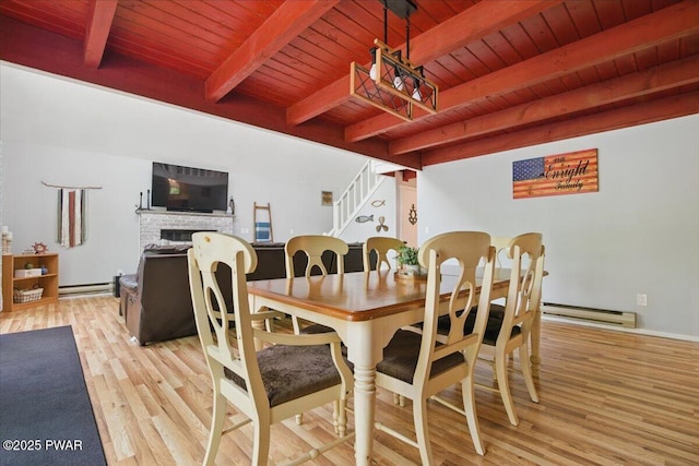 173 Paper Birch S, Tafton, PA 18464 - dining room featuring light wood finished floors, wood ceiling with exposed beams, stairway, a baseboard radiator, and a fireplace