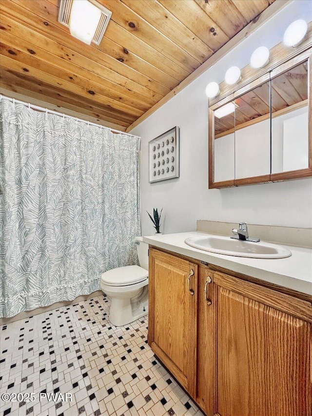 173 Paper Birch S, Tafton, PA 18464 - full bathroom featuring wooden ceiling, vanity, toilet, and a shower with shower curtain