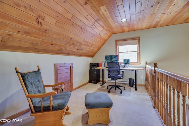 office featuring wooden ceiling, carpet flooring, baseboards, and lofted ceiling