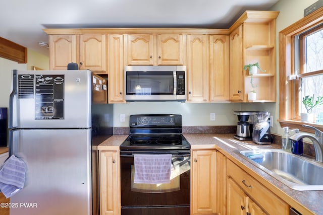 kitchen featuring a sink, stainless steel appliances, open shelves, and light brown cabinets