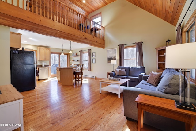 living room featuring a baseboard heating unit, baseboards, wood ceiling, light wood-style floors, and high vaulted ceiling