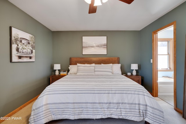 bedroom with carpet flooring, baseboards, and ceiling fan