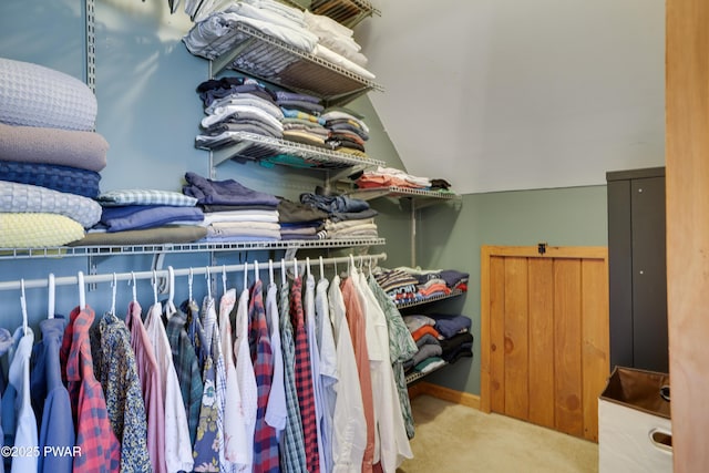 walk in closet with carpet flooring