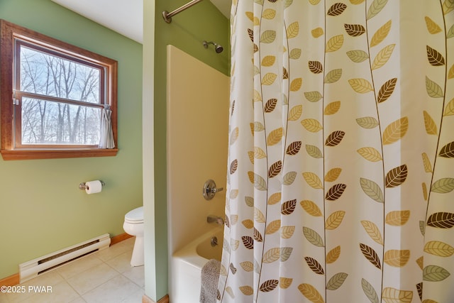 bathroom with a baseboard heating unit, tile patterned floors, toilet, and shower / bathtub combination with curtain