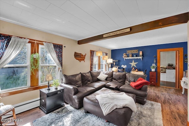 living area featuring baseboard heating, beam ceiling, a wealth of natural light, and wood finished floors