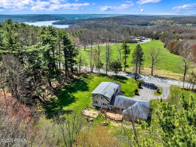 bird's eye view with a water view and a forest view