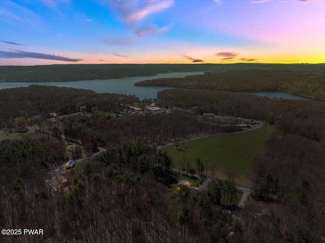 aerial view at dusk featuring a water view and a wooded view