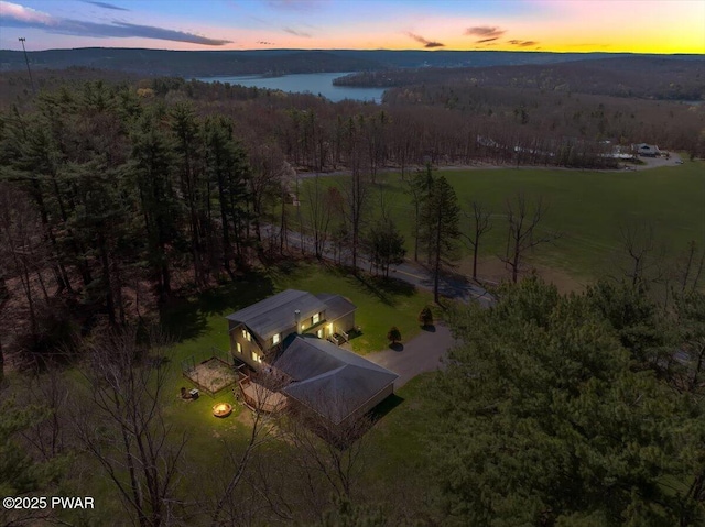 aerial view featuring a water view and a forest view