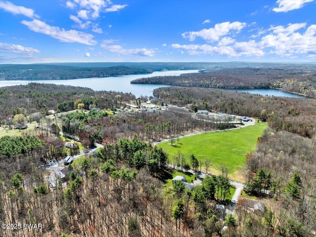 drone / aerial view featuring a water view and a wooded view