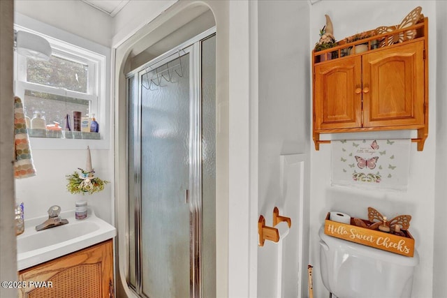bathroom featuring vanity, a shower stall, and toilet
