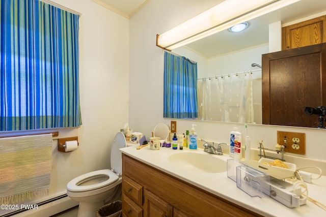 bathroom featuring a shower with shower curtain, ornamental molding, vanity, a baseboard heating unit, and toilet