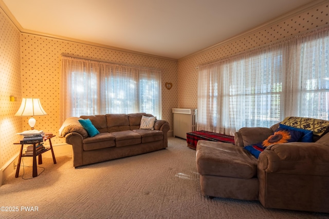 carpeted living room with radiator and ornamental molding