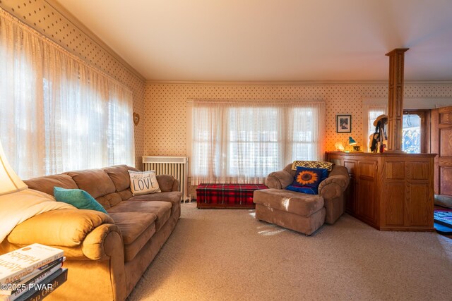 carpeted living room with ornamental molding