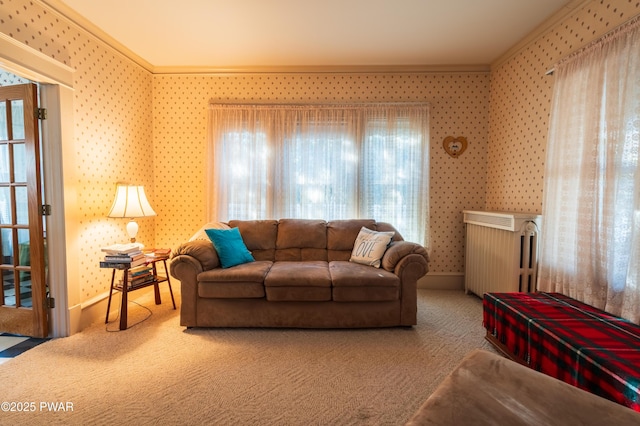 carpeted living room featuring radiator heating unit and ornamental molding