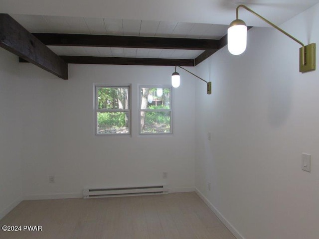 spare room with beam ceiling and a baseboard radiator