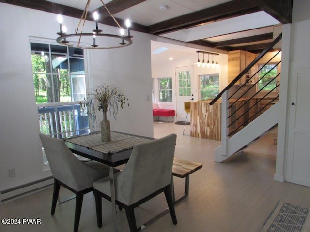 dining room with vaulted ceiling with beams, baseboard heating, and a notable chandelier