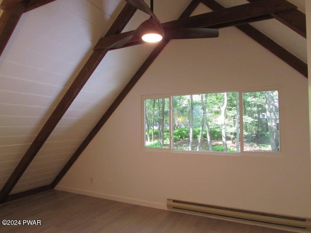 bonus room featuring vaulted ceiling with beams, a baseboard radiator, and wood-type flooring