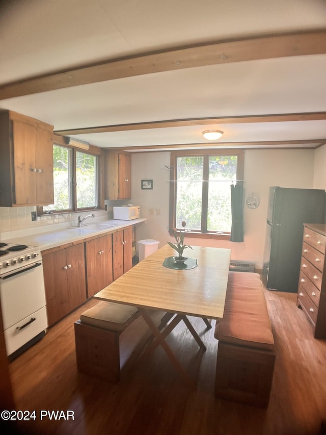 kitchen featuring white appliances, light hardwood / wood-style floors, a wealth of natural light, and sink