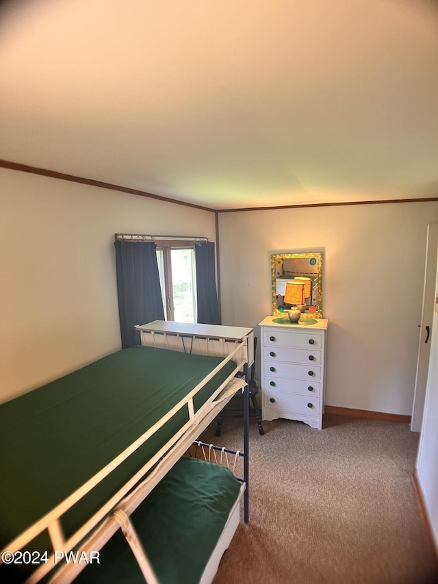 carpeted bedroom with crown molding