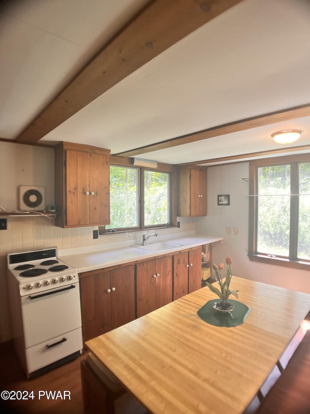 kitchen featuring dark hardwood / wood-style floors, white range oven, sink, and tasteful backsplash