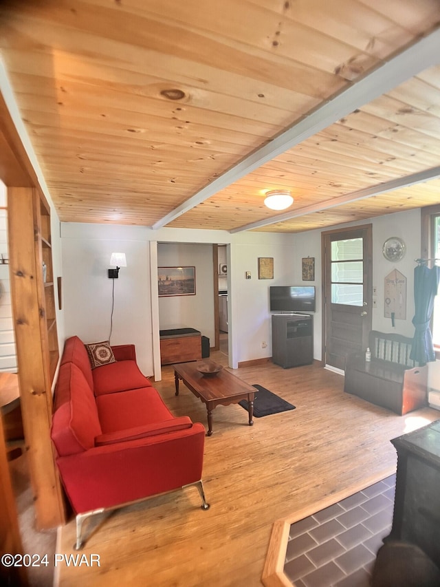 living room with hardwood / wood-style floors, beamed ceiling, wooden ceiling, and pool table