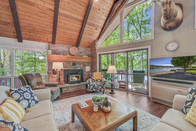 37 Rockpoint Ct, Lake Ariel, PA 18436 - living room featuring wood finished floors, a wooden ceiling with exposed beams, healthy amount of natural light, high vaulted ceiling, and a fireplace