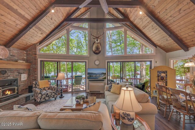 37 Rockpoint Ct, Lake Ariel, PA 18436 - living area with wood finished floors, high vaulted ceiling, and a wood ceiling with exposed beams
