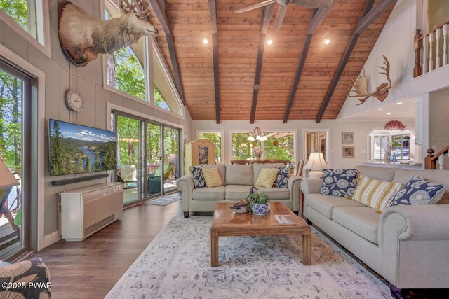 37 Rockpoint Ct, Lake Ariel, PA 18436 - living area featuring high vaulted ceiling, a wood ceiling with exposed beams, a ceiling fan, wood finished floors, and recessed lighting