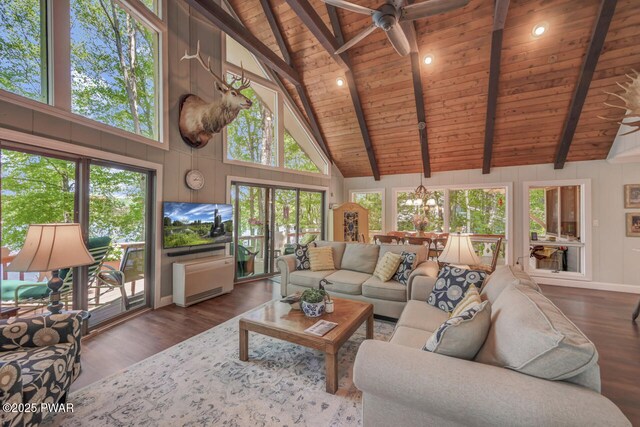 37 Rockpoint Ct, Lake Ariel, PA 18436 - living room featuring a wood ceiling with exposed beams, wood finished floors, ceiling fan, and high vaulted ceiling