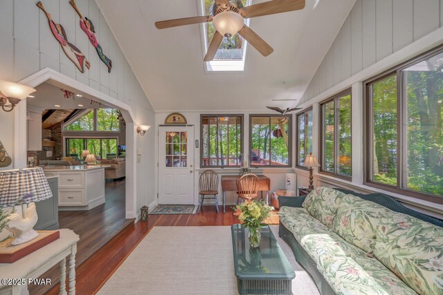 37 Rockpoint Ct, Lake Ariel, PA 18436 - living room featuring ceiling fan, high vaulted ceiling, dark wood finished floors, and a skylight