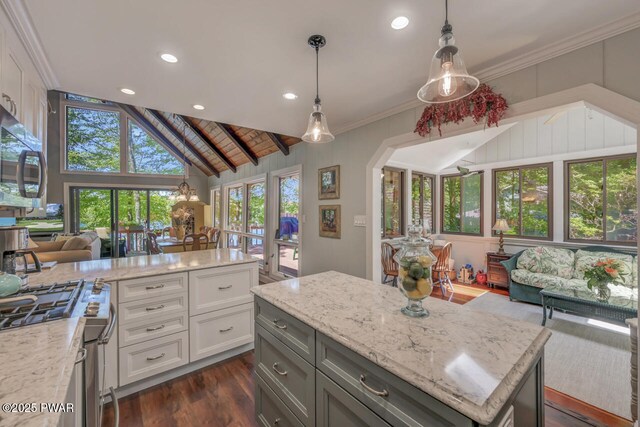 37 Rockpoint Ct, Lake Ariel, PA 18436 - kitchen with open floor plan, appliances with stainless steel finishes, dark wood-style flooring, light stone counters, and recessed lighting