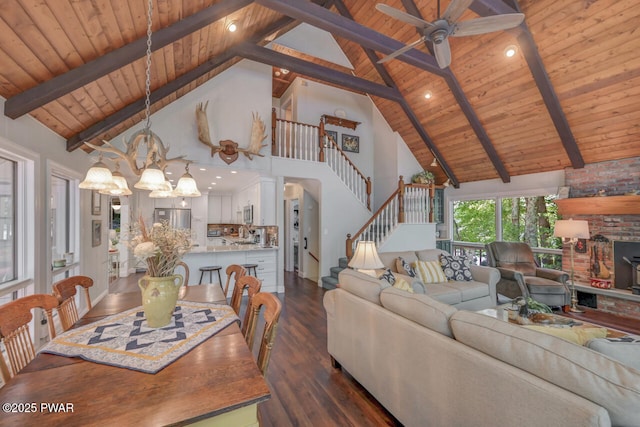 37 Rockpoint Ct, Lake Ariel, PA 18436 - dining area featuring a ceiling fan, a wooden ceiling with exposed beams, stairs, high vaulted ceiling, and dark wood-type flooring