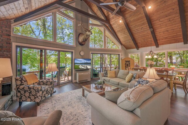 37 Rockpoint Ct, Lake Ariel, PA 18436 - living room with a wood ceiling with exposed beams, high vaulted ceiling, wood finished floors, and a ceiling fan