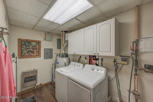 37 Rockpoint Ct, Lake Ariel, PA 18436 - laundry room featuring heating unit, cabinet space, washer and dryer, dark wood-style floors, and electric panel
