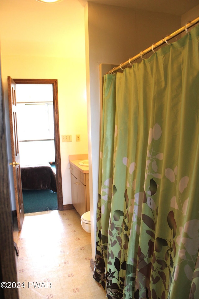 bathroom with vanity, a shower with shower curtain, and toilet