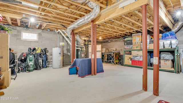 basement with heating unit and electric water heater