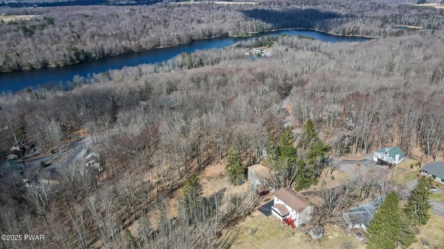 birds eye view of property with a water view and a view of trees