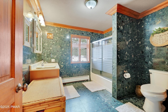 full bathroom with toilet, a baseboard heating unit, ornamental molding, vanity, and wallpapered walls