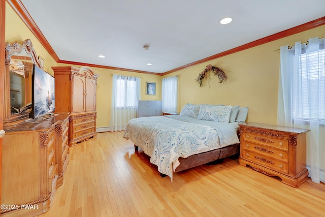 bedroom featuring ornamental molding, light wood-style flooring, and recessed lighting