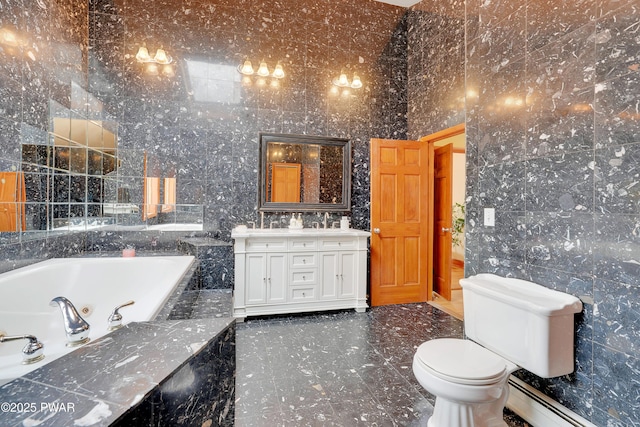 bathroom featuring toilet, double vanity, a garden tub, and tile walls