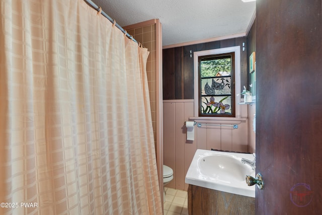 71 Boulder Point Rd, Lakeville, PA 18438 - bathroom with a textured ceiling, vanity, tile patterned flooring, and curtained shower