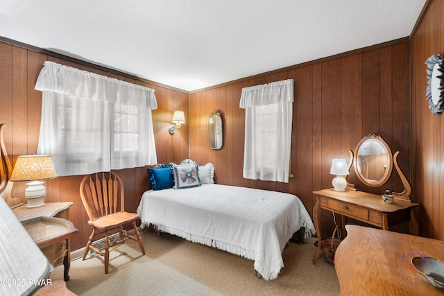 71 Boulder Point Rd, Lakeville, PA 18438 - carpeted bedroom with wood walls, a textured ceiling, and multiple windows