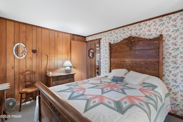71 Boulder Point Rd, Lakeville, PA 18438 - bedroom featuring wallpapered walls, carpet flooring, and crown molding