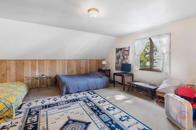 71 Boulder Point Rd, Lakeville, PA 18438 - carpeted bedroom with wooden walls and vaulted ceiling