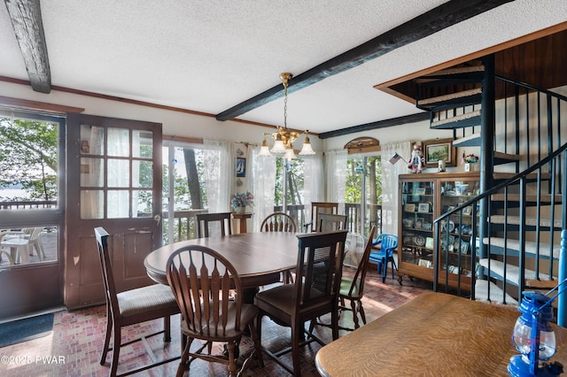 71 Boulder Point Rd, Lakeville, PA 18438 - dining area featuring a textured ceiling, a chandelier, stairway, crown molding, and beam ceiling