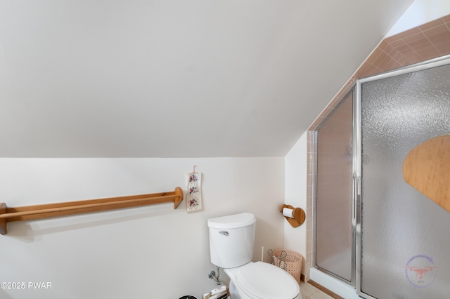 71 Boulder Point Rd, Lakeville, PA 18438 - bathroom featuring a stall shower and lofted ceiling