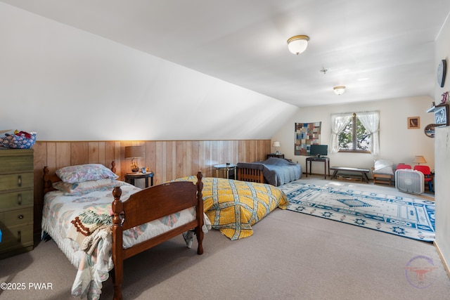 71 Boulder Point Rd, Lakeville, PA 18438 - carpeted bedroom with vaulted ceiling and wooden walls