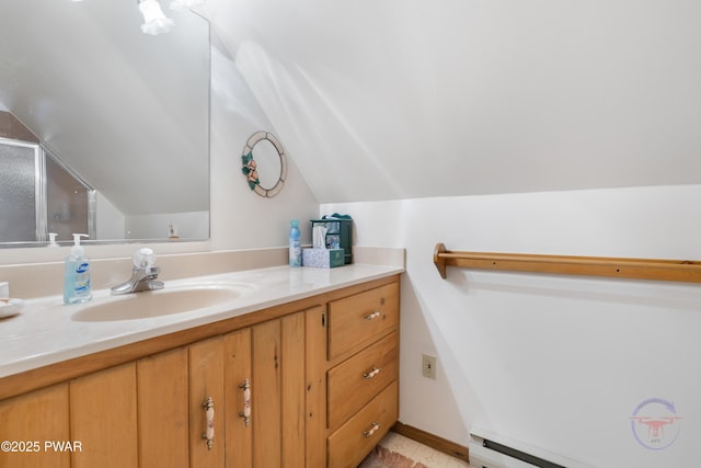71 Boulder Point Rd, Lakeville, PA 18438 - full bath featuring vanity, lofted ceiling, an enclosed shower, and baseboard heating