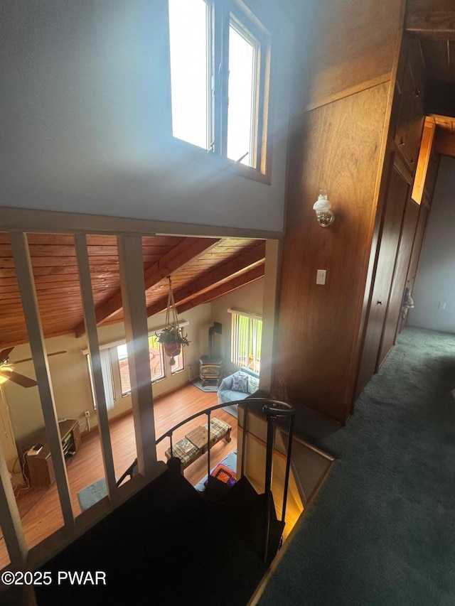 112 Ewe Ln, Tobyhanna, PA 18466 - stairway with a wooden ceiling with exposed beams and a ceiling fan