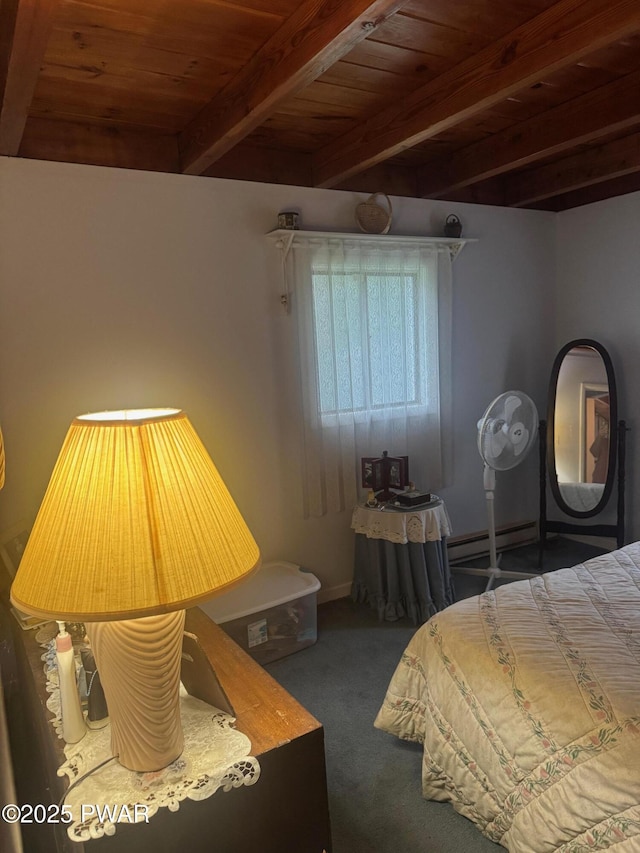 112 Ewe Ln, Tobyhanna, PA 18466 - bedroom with a wood ceiling with exposed beams, carpet flooring, and a baseboard heating unit